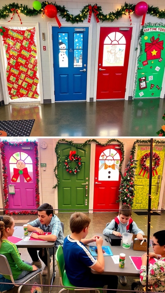 Festive Christmas Door Decorating Contest for Kids A collection of decorated doors for a Christmas contest, showcasing various holiday themes and decorations.